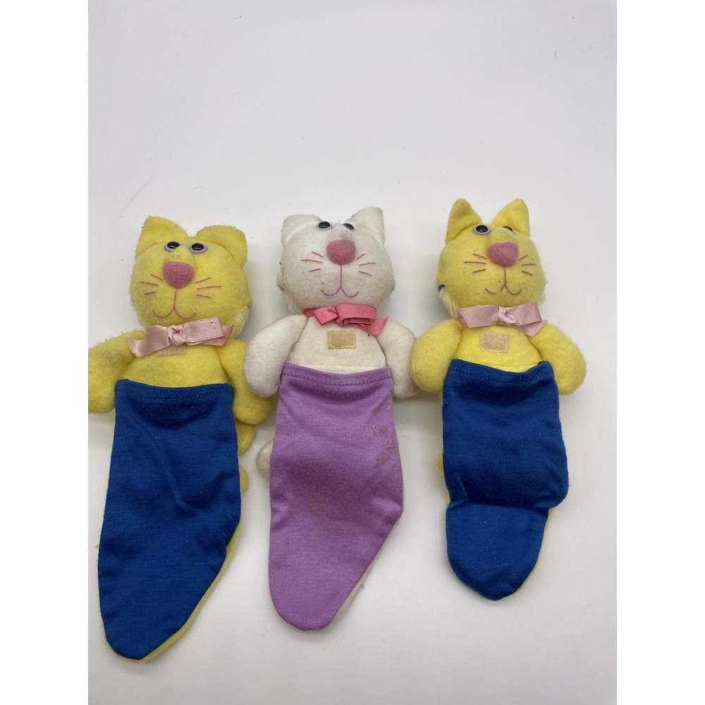 3-Vtg 1987 Purr-Tenders SockEms Hallmark 7" Plush Toy Cat Dog‎ Flip Yellow Blue